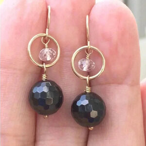 Black Spinel Earrings,Gold filled Earrings,White Topaz Dangle Earrings